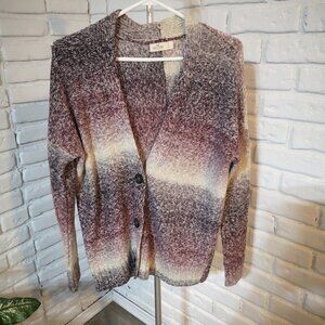 Hollister Ladies Size Large Beige Burgundy & Grey Button Front Cardigan